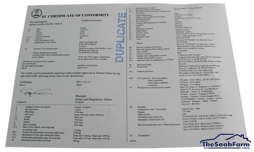 Gelijkvormigheidsattest (COC), Europees Saab 9000 95-, 900 97-, 9-3 -03, 9-5 -10, 9-3 03-, 9-5 10-, Origineel